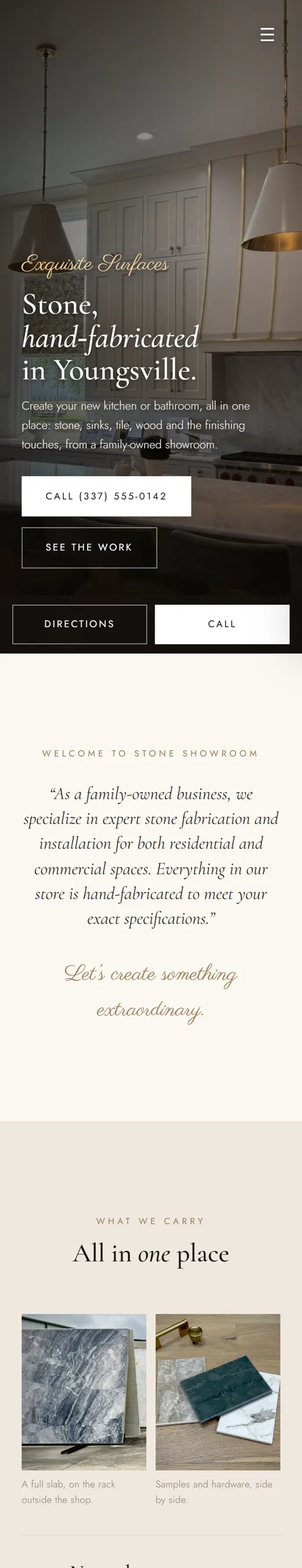 Phone view of a concept site for a granite and stone showroom: a kitchen with pendant lights, slabs and samples.