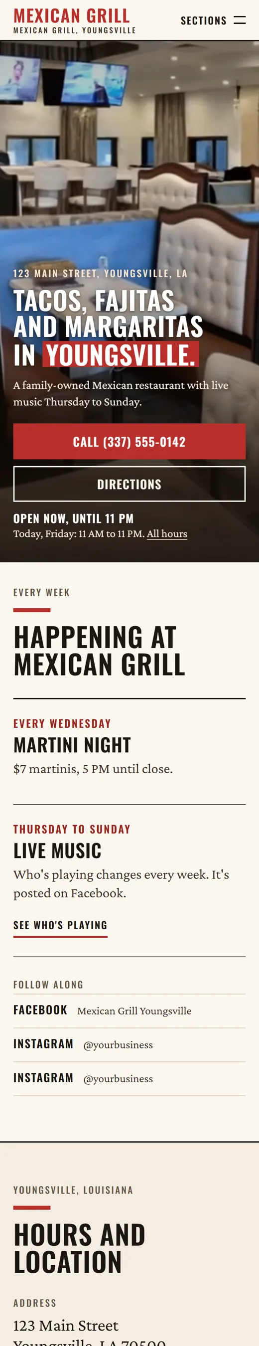 Phone view of a concept site for a family Mexican restaurant: tacos and fajitas headline, call and directions buttons, weekly specials.